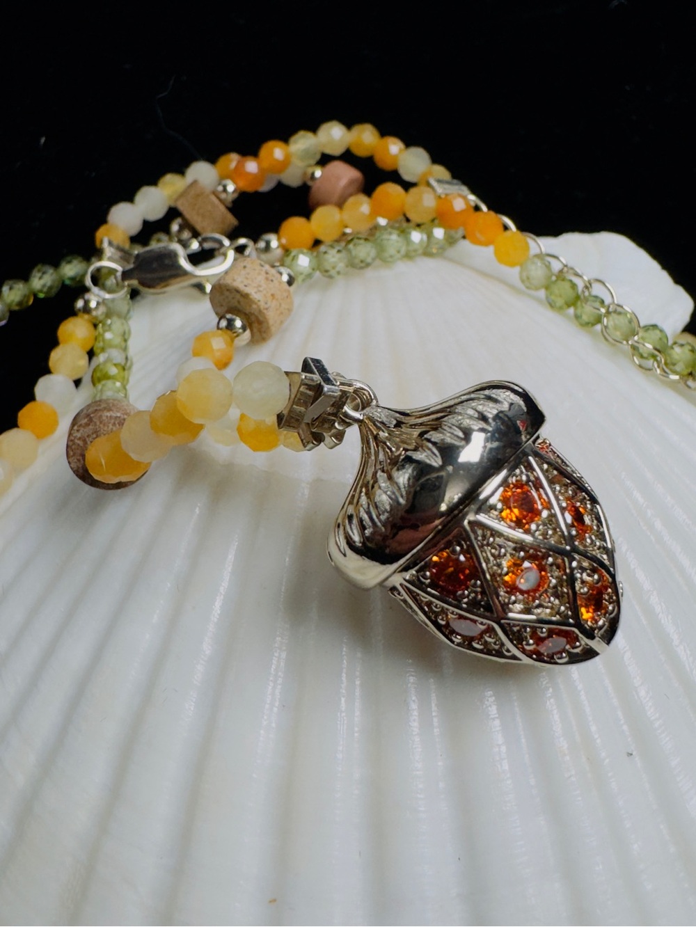 Boho Beaded Acorn CZ Pendant Statement Necklace